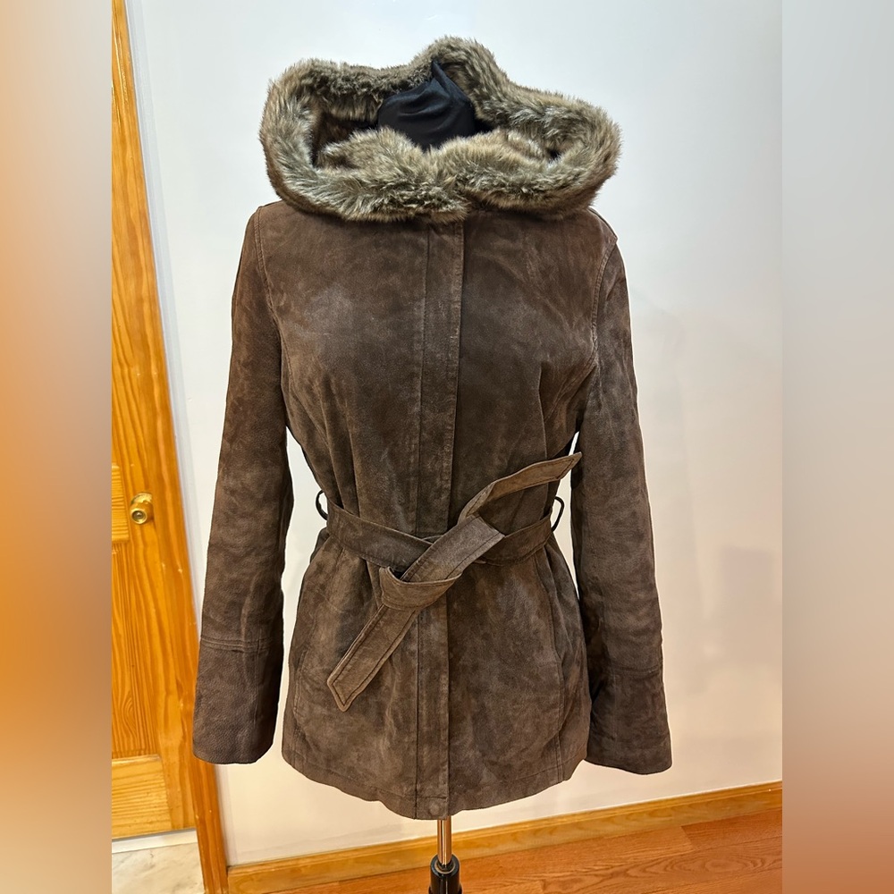 Moda International Dark Brown 💯 Suede Jacket with Faux Fur Hood